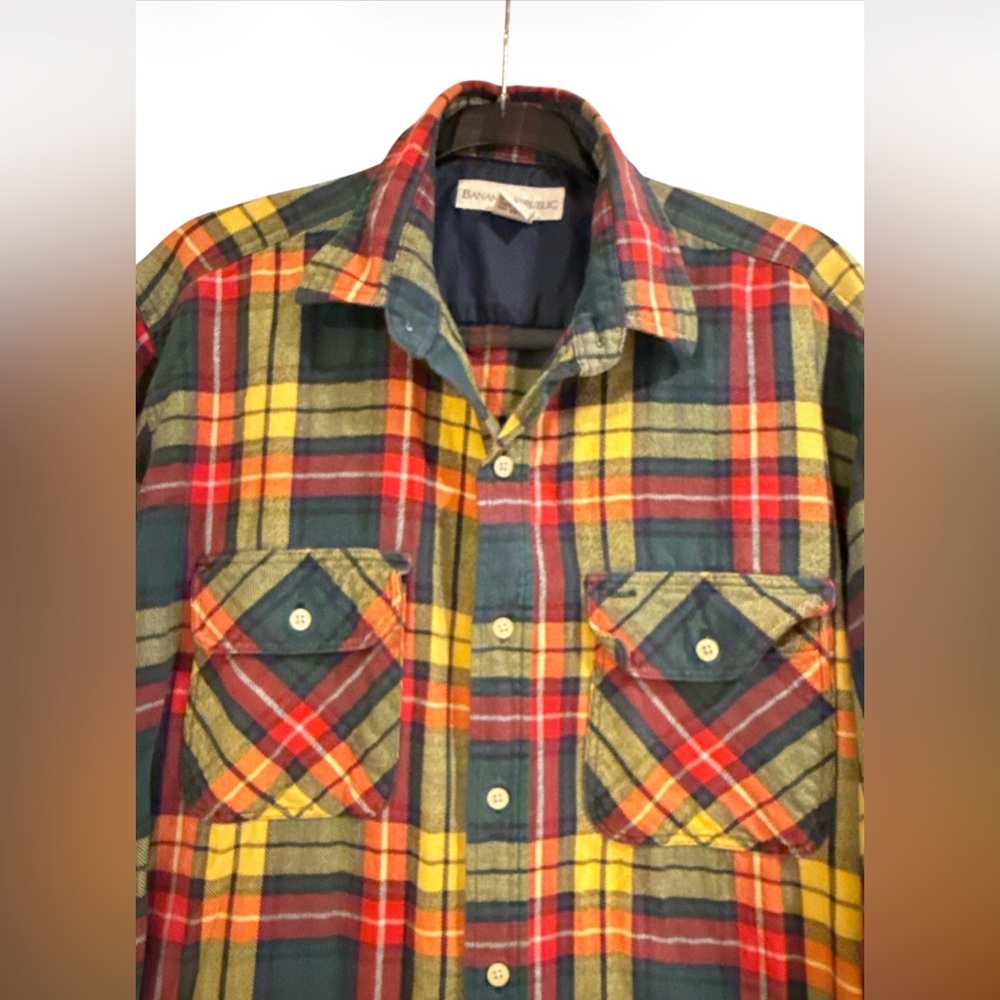 vintage Banana Republic red, yellow, and green plaid flannel shirt. - Picture 2 of 4